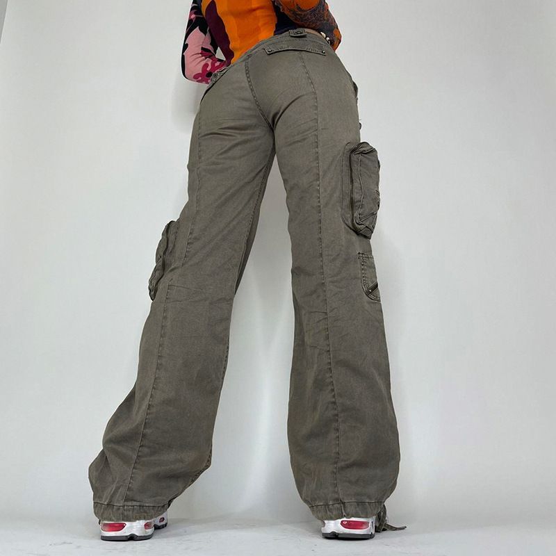 Low Rise Pocket Loose-Fit Wide-Leg Washed Cargo Pants