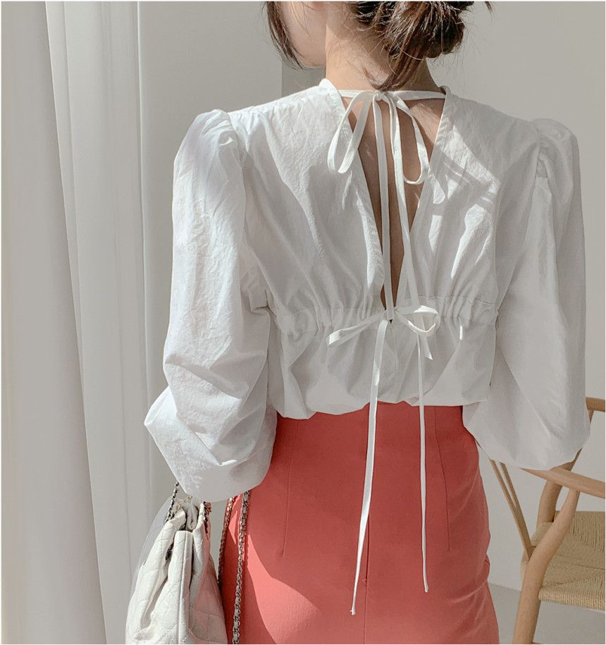Long-Sleeve Plain Lace-Up Blouse Long-Sleeve Plain Lace-Up Blouse
