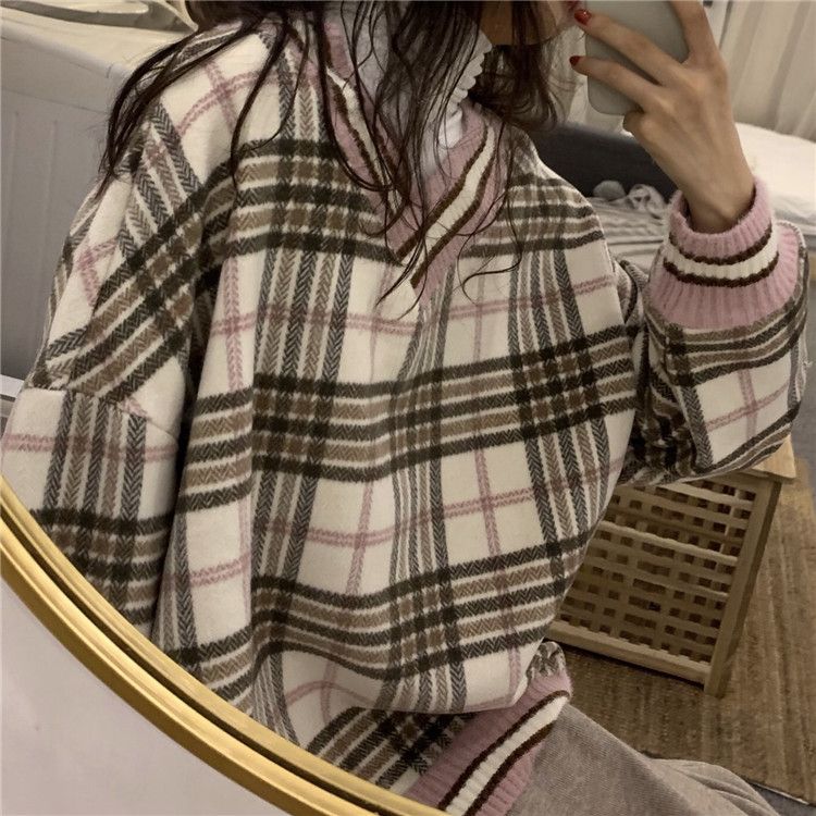 Duwnie - V-Neck Plaid Sweater/ Long 