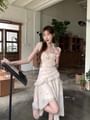 Cap-Sleeve V-Neck Floral Print Asymmetrical Ruffle Trim Ruched A-Line Dress