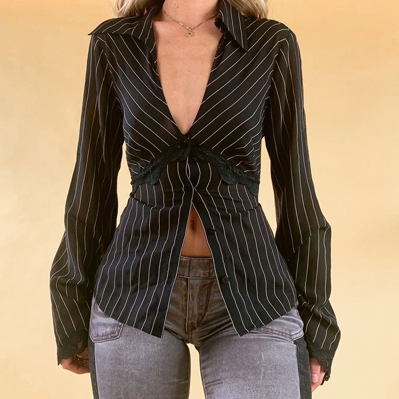 Sosana - Long-Sleeve V-Neck Lace-Trim 
