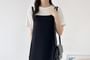 Set: Short-Sleeve Plain Tee + Spaghetti Strap Midi Dress