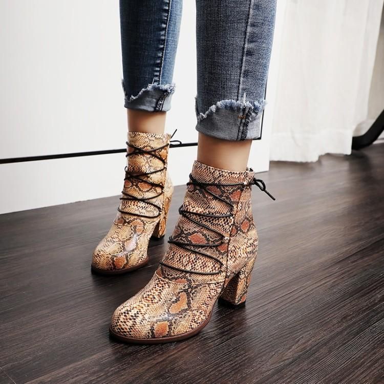 snakeskin lace up block heels