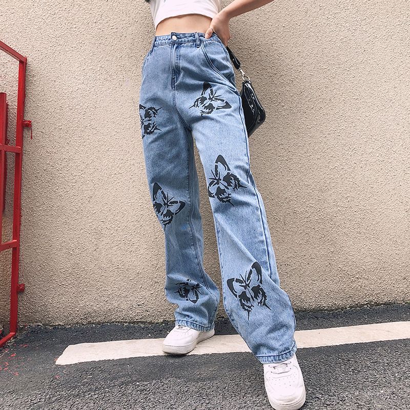 butterfly print straight leg jeans