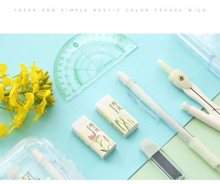 Cute Essentials Set Mechanical Pencil + Eraser + Compass + Ruler + Protractor + Set Square