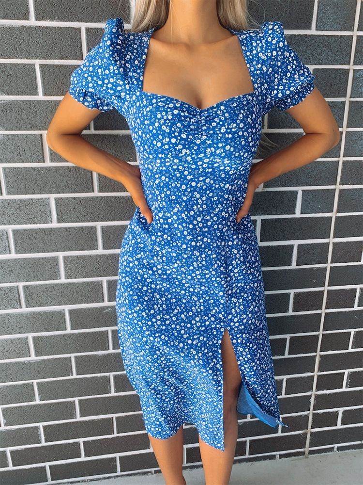 Alizio - Floral Print Puff-Sleeve Slit 