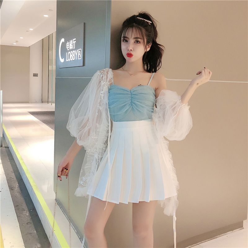 princess road - 薄纱吊带背心 / 打褶裥a字裙