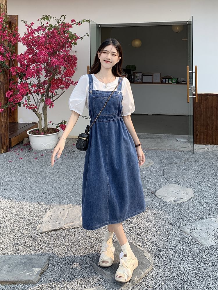 JVL - Washed Midi A-Line Denim Pinafore Dress | YesStyle