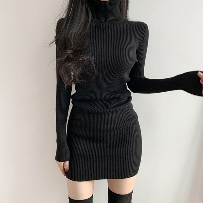 black tight turtleneck dress