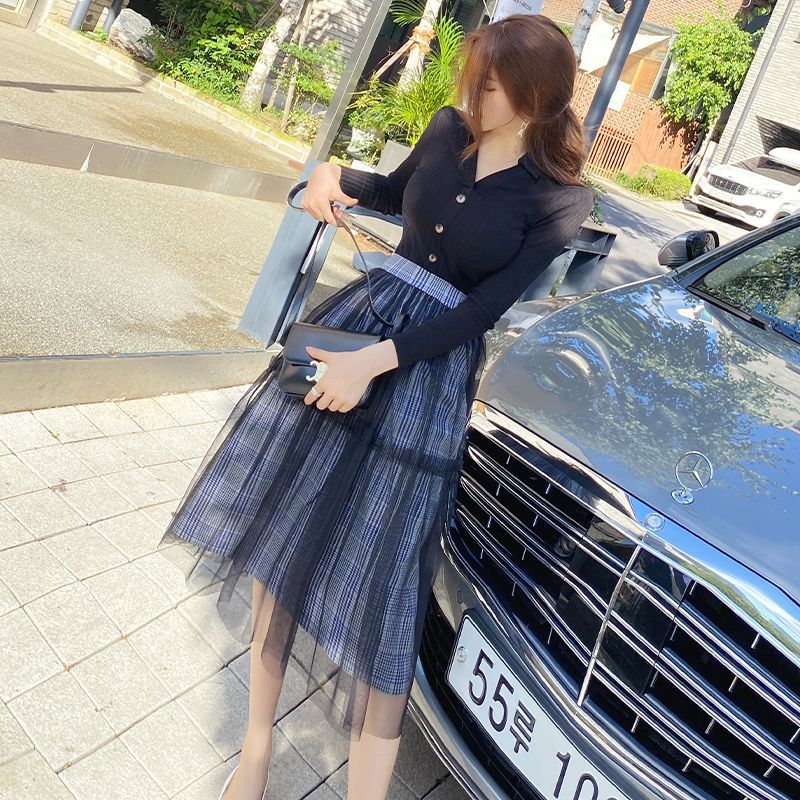 cape jasmine - 套装: 长袖纯色上衣   网纱拼接a字中长裙