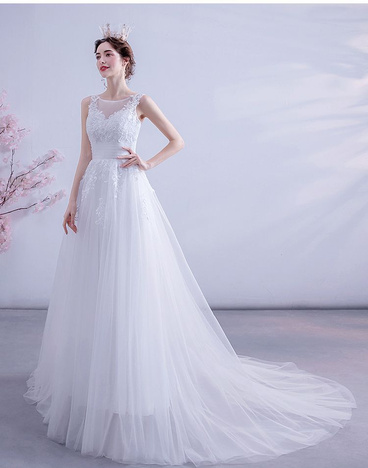 angel bridal - 蕾丝边无袖网纱a字婚纱