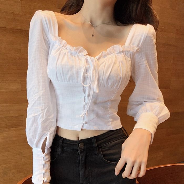 Jeans Kingdom - Lace Up Square-Neck Blouse | YesStyle