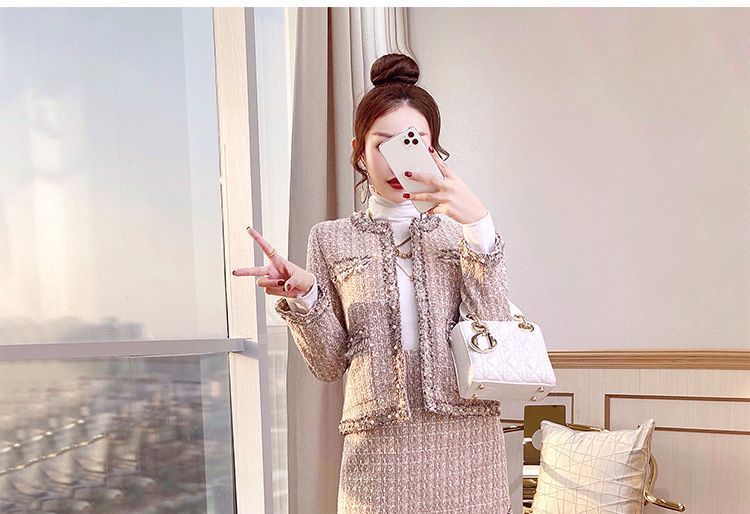 Rosewind Set: Contrast Trim Tweed Jacket + Tweed Skirt | YesStyle