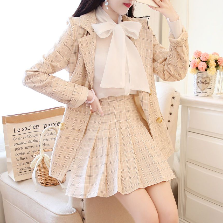 pleated plaid mini skirt jacket