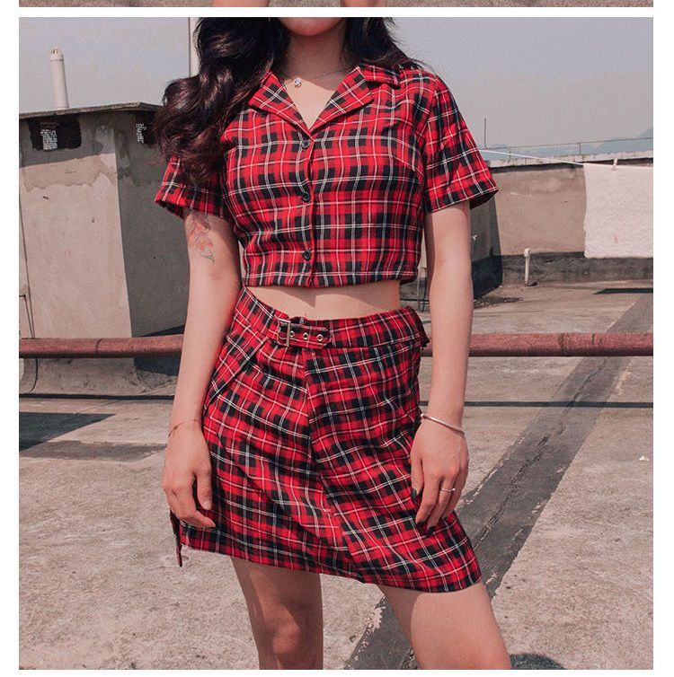 Plaid Crop Shirt + Mini Skirt | YesStyle