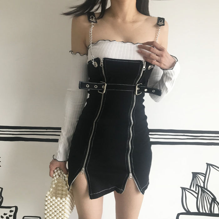 black mini pinafore dress