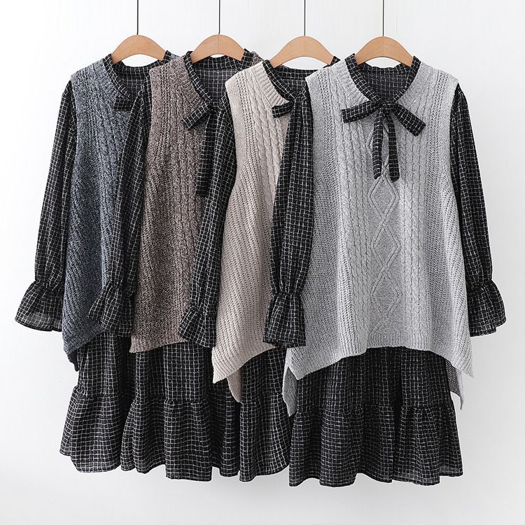 Suzette - Set: Lantern-Sleeve Ribbon Neck Plaid Midi A-Line Dress + Cable-Knit  Sweater Vest | YesStyle