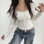 Long Sleeve Square-Neck Lace-Trim Ruched Plain Slim-Fit Crop Top