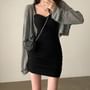Long Sleeve Ribbed-Knit Light Crop Cardigan / Spaghetti Strap Mini Bodycon Dress