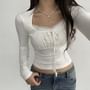 Long Sleeve Square-Neck Lace-Trim Ruched Plain Slim-Fit Crop Top