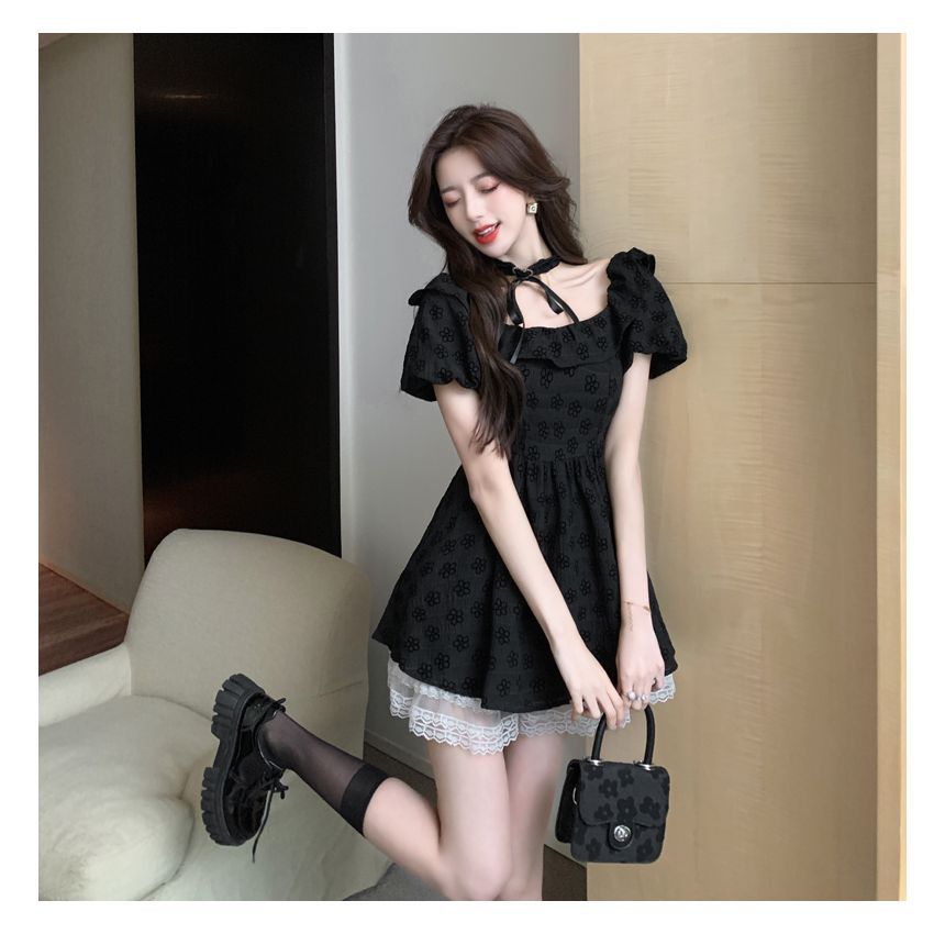 Two Tone Lace Ruffle A-Line Mini Dress