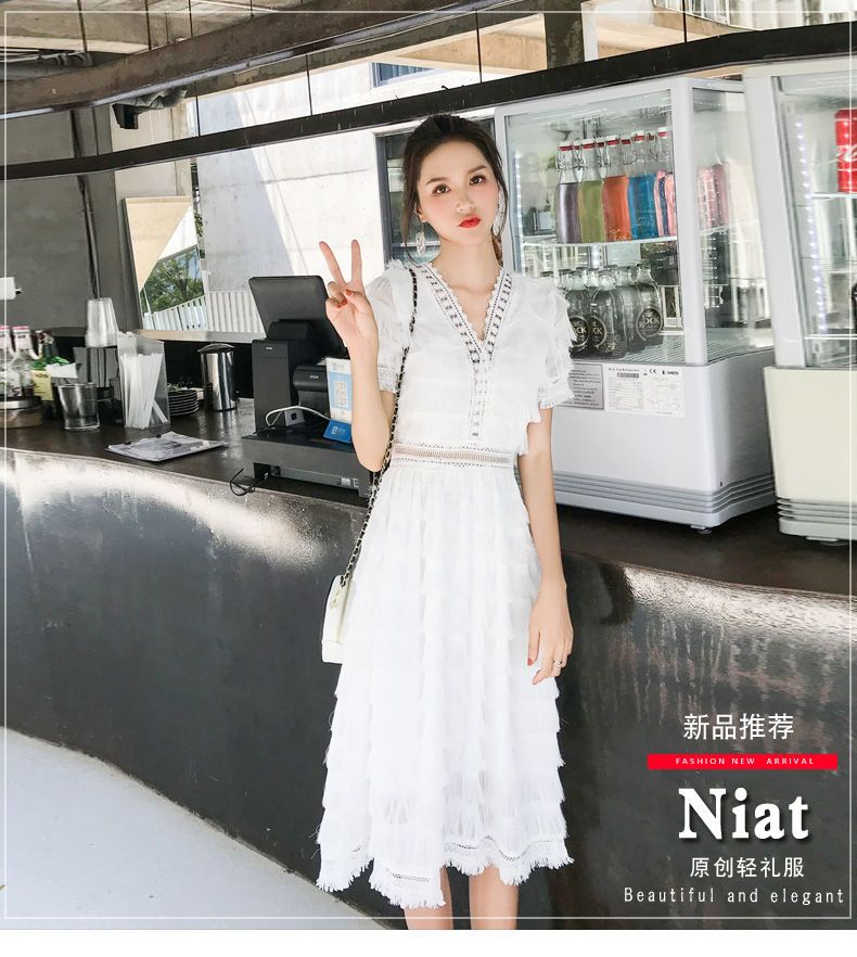 NIAT ShortSleeve Perforated Trim Fringed ALine Midi