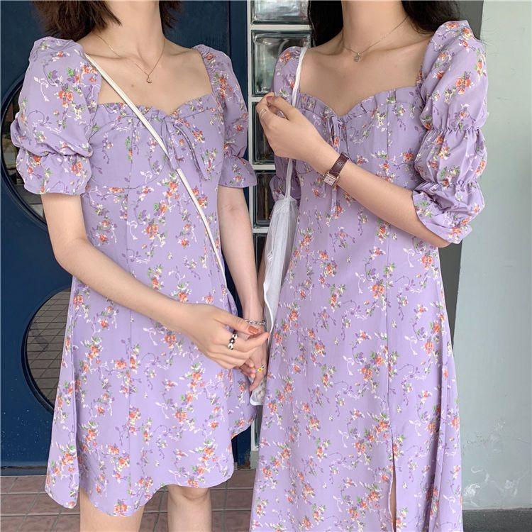 purple floral puff sleeve dress