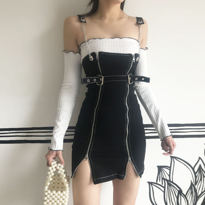 black zip pinafore dress