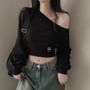 Puff Sleeve Cold-Shoulder Plain Crop Sweatshirt