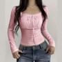Long Sleeve Square-Neck Lace-Trim Ruched Plain Slim-Fit Crop Top