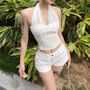 Halter Neck Plain Mesh Panel Corset Top