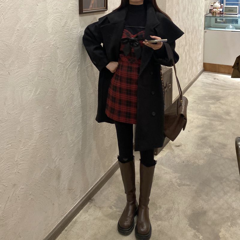 turtleneck and pinafore