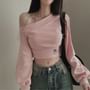 Puff Sleeve Cold-Shoulder Plain Crop Sweatshirt