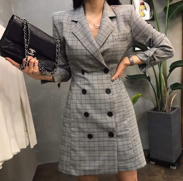 plaid double breasted blazer dress