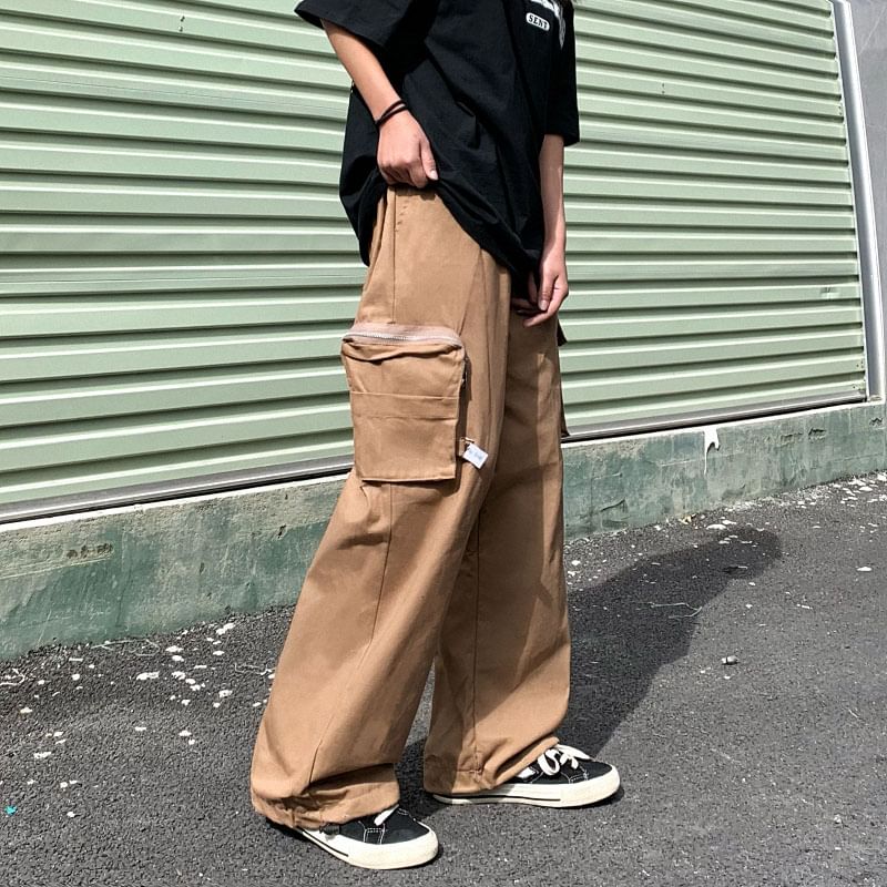 Drawstring-Cuff Wide Leg Cargo Pants 