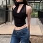 Halter Neck Plain Mesh Panel Corset Top