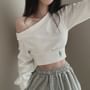 Puff Sleeve Cold-Shoulder Plain Crop Sweatshirt