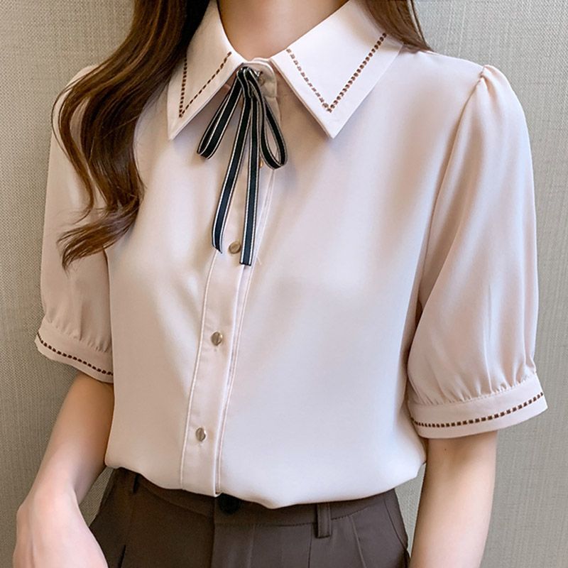 PERFASHIONIST Short-Sleeve Ribbon Chiffon Shirt | YesStyle