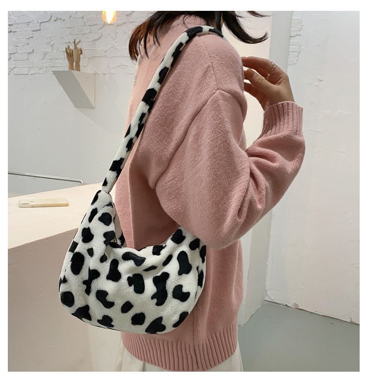 fluffy cow print shoulder bag