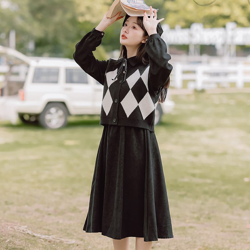 sansweet - Set: Argyle Sweater Vest + 