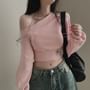 Puff Sleeve Cold-Shoulder Plain Crop Sweatshirt