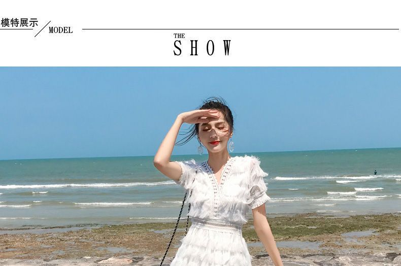 NIAT ShortSleeve Perforated Trim Fringed ALine Midi