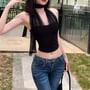 Halter Neck Plain Mesh Panel Corset Top