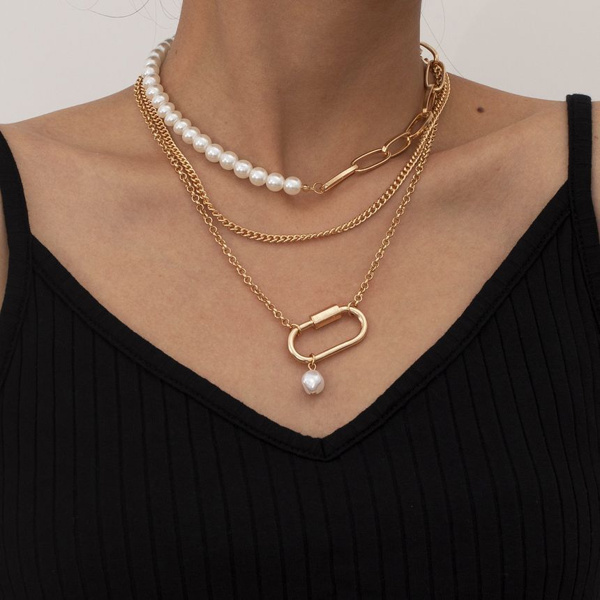 Faux Pearl Layered Chain Necklace 