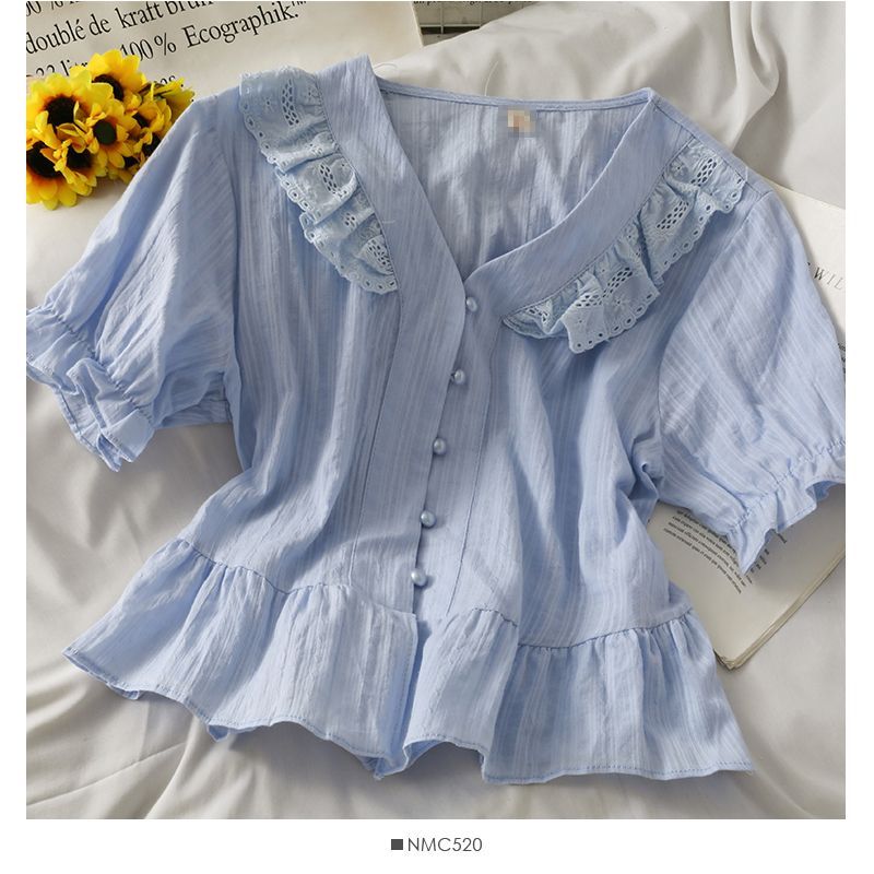 Lemongrass Lace-Trim Ruffled V-Neck Crop Shirt | YesStyle