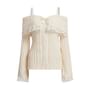 Long Sleeve Cold-Shoulder Lace-Trim Bow Accent Plain Ribbed-Knit Loose-Fit Sweater
