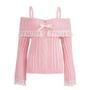 Long Sleeve Cold-Shoulder Lace-Trim Bow Accent Plain Ribbed-Knit Loose-Fit Sweater