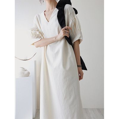 yaru - 中袖纯色v领连衣中裙