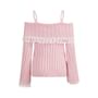 Long Sleeve Cold-Shoulder Lace-Trim Bow Accent Plain Ribbed-Knit Loose-Fit Sweater