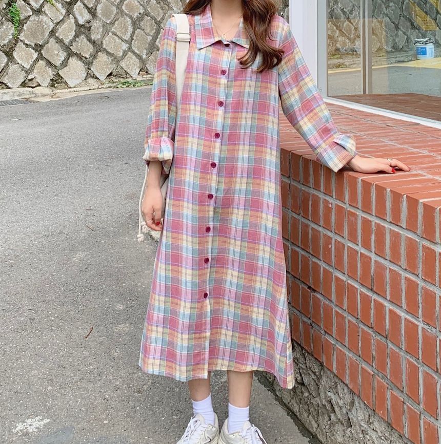 plaid midi shirt dress